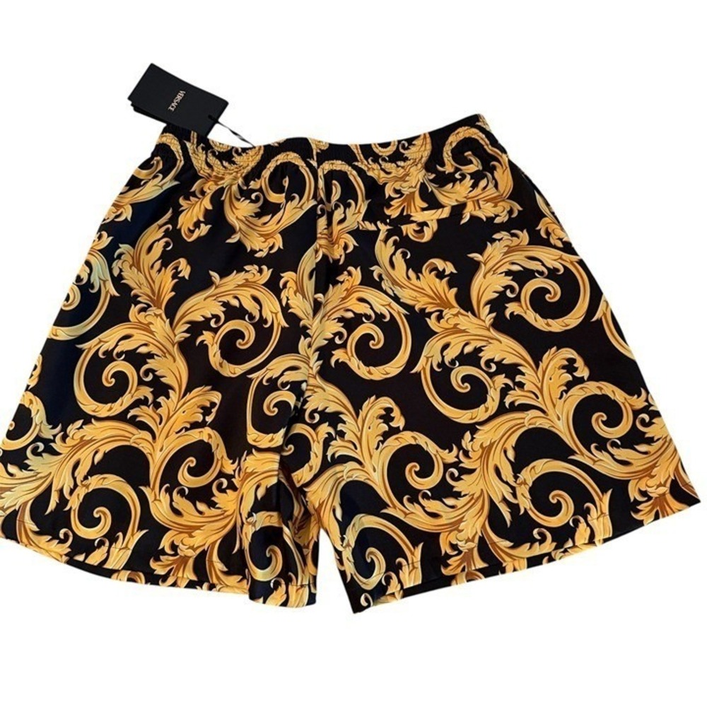 Versace Men'sBaroque Print Twill Poly Shorts Black Gold Print Shorts, sz‎ 48